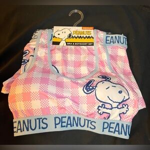 NWT Peanuts Snoopy Bra & Boyshort Set Medium Pink Checkered Lounge Set
